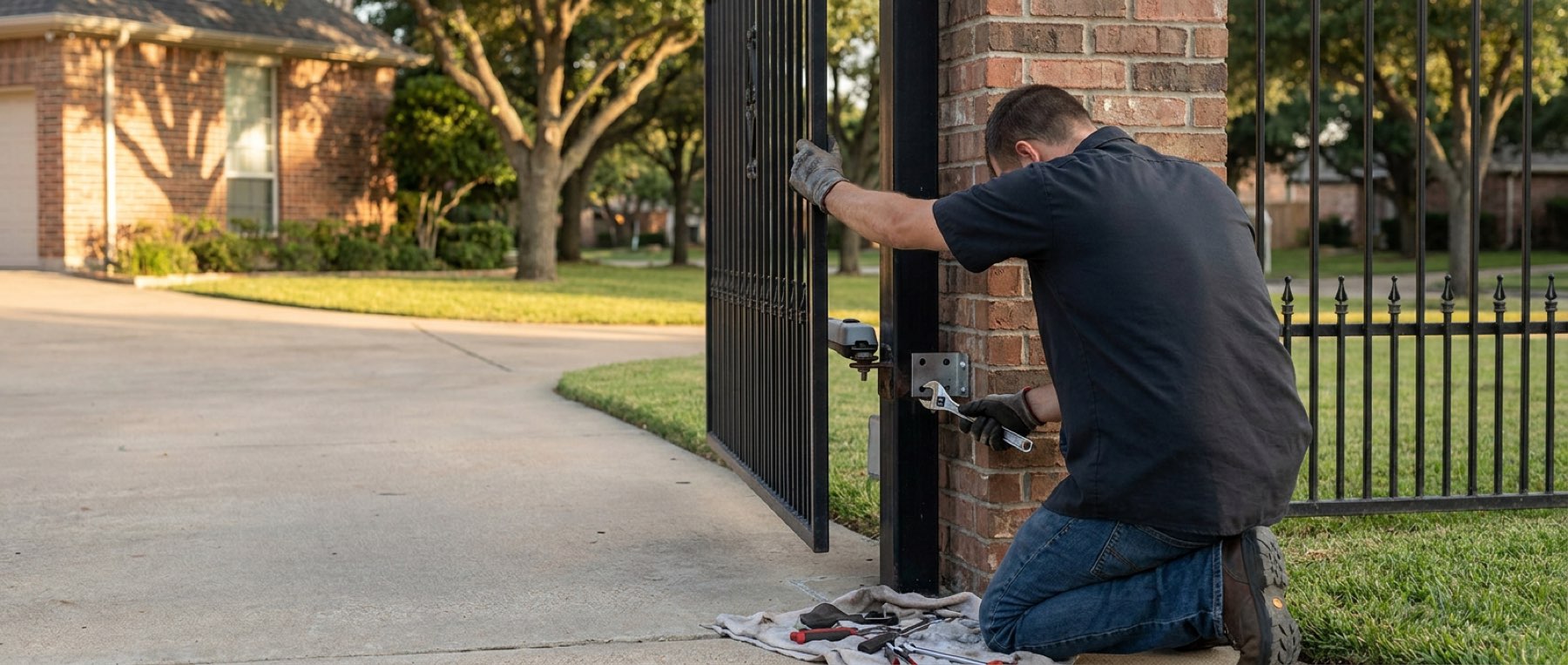 Gate technician kneeling at a brick gate post beside a black wrought-iron driveway gate, working on the hinge bracket with a wrench, tools laid out on the driveway beside him