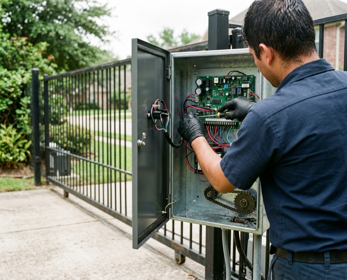 Technician working inside the open control enclosure of a sliding gate operator beside a driveway gate, with the drive chain and control board visible